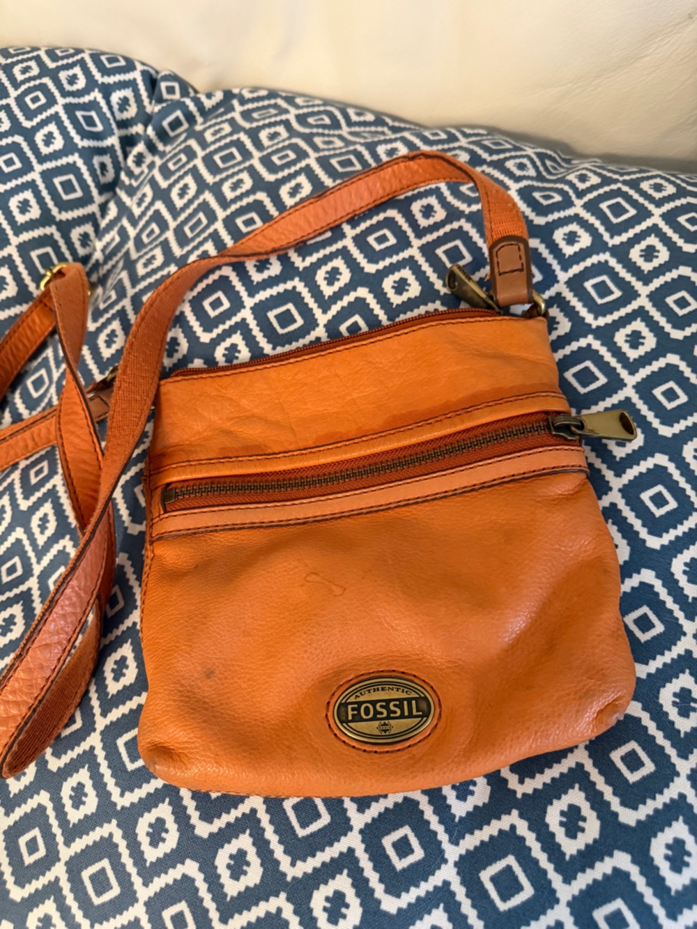 Fossil Orange Leather Crossbody with Brass Logo Plaque